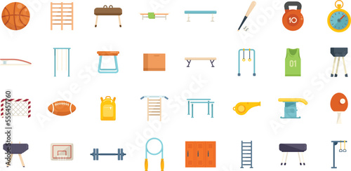 School gym icons set flat vector. Club equipment. Room bag isolated