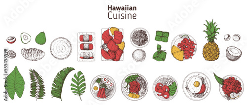 Hawaiian food top view vector illustration. Food menu design template. Hand drawn sketch collection. Hawaiian food menu set. Vintage style. photo