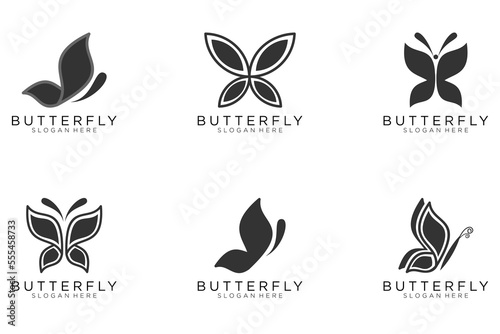 Set of six stylized geometric black butterfly symbols, celtic knot style tattoo design or logo. Isolated vector illustration collection.