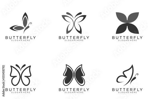 Set of six stylized geometric black butterfly symbols, celtic knot style tattoo design or logo. Isolated vector illustration collection.