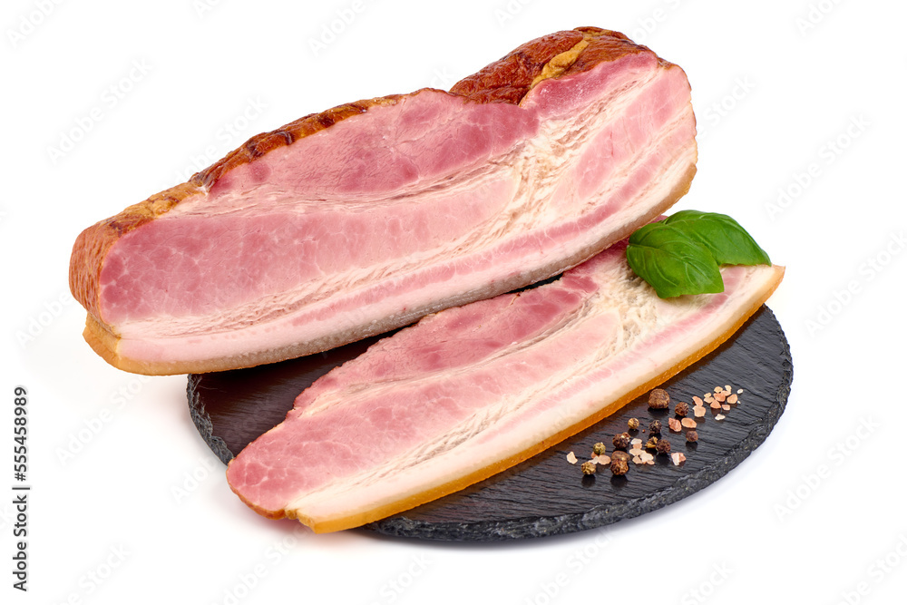 Smoked pork brisket, Layered pork belly. Sliced pork belly, isolated on white background. Smoked pork brisket, Layered pork belly. Sliced pork belly, isolated on white background.