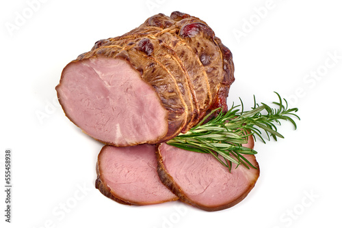 Smoked Pork loin, isolated on white background.