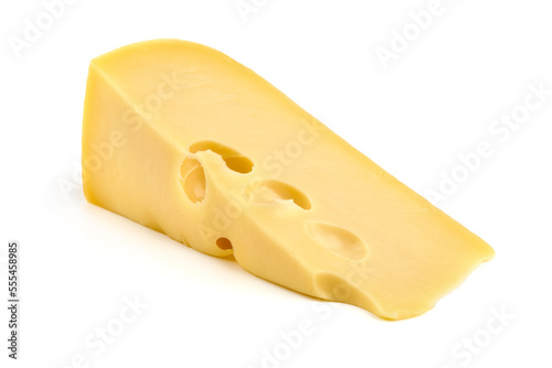 Maasdam cheese block, isolated on white background. High resolution image.