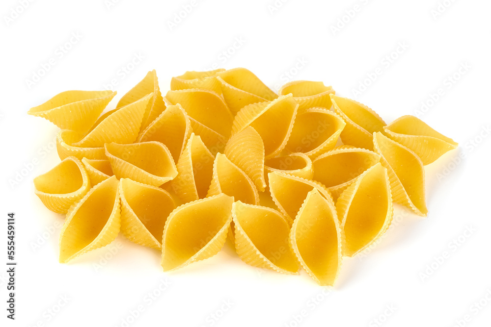 Conchiglie rigate. Raw striped shell pasta, isolated on white background. Conchiglie rigate. Raw striped shell pasta, isolated on white background.