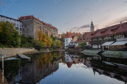 Cesky Krumlov skyline with Castle and Vltava River at sunset - Cesky Krumlov, Czech Republic