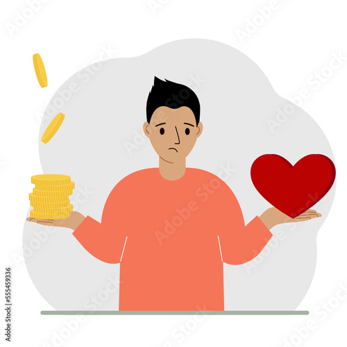 Money and a red heart in the hands of a man. Imbalance in lifestyle and work. Comparison of business stress and a healthy lifestyle. Balance of work and life.