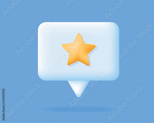 3d Chat bubble with yellow star icon. Customer rating feedback, network client communication concept. White social media bubble on blue background. Vector illustration.