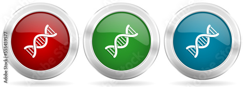 Dna, genetic molecule vector icon set. Red, blue and green silver metallic web buttons with chrome border