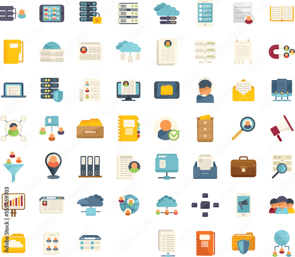 Customer database icons set flat vector. Company advertising. Business service isolated Customer database icons set flat vector. Company advertising. Business service isolated