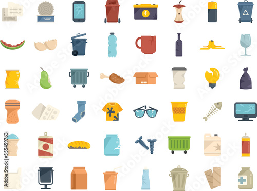Waste icons set flat vector. Garbage food. Fresh plastic isolated