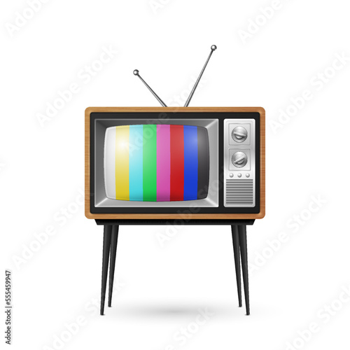 Vector 3d Realistic Brown Wooden Retro Striped Screen TV Receiver Isolated on White Background. Home Interior Design Concept. Vintage TV Set, Television, Front View