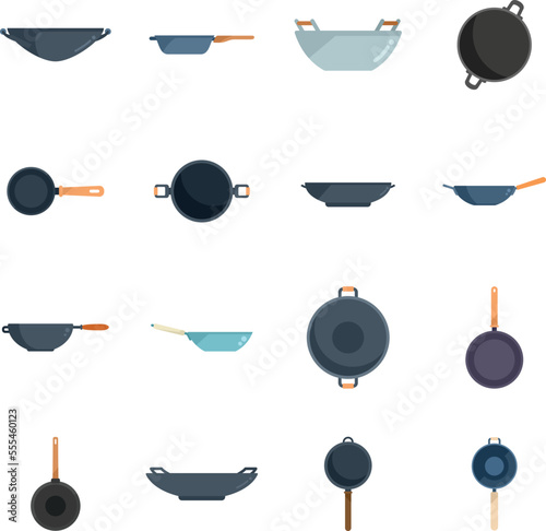 Wok frying pan icons set flat vector. Meat tools. Kitchen cooking isolated