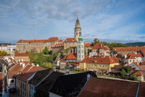 Aerial view of Cesky Krumlov with Castle Tower and former Church of Saint Jost - Cesky Krumlov, Czech Republic