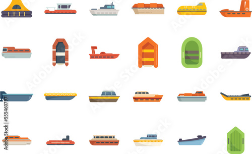 Rescue boat icons set flat vector. Sea aid. Accident rescue isolated