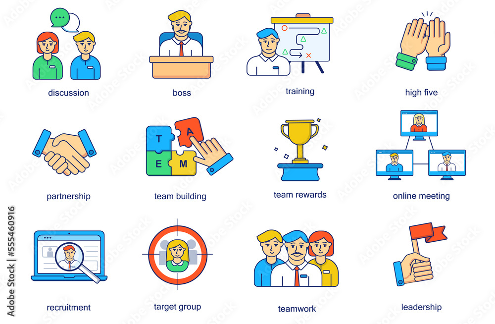 Teamwork concept line icons set. Pack outline pictograms of discussion, boss, training, high five, partnership, team building, group, online meeting. Flat elements for mobile app and web design Teamwork concept line icons set. Pack outline pictograms of discussion, boss, training, high five, partnership, team building, group, online meeting. Flat elements for mobile app and web design