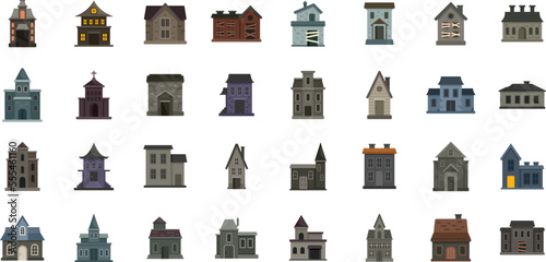 Creepy house icons set flat vector. Scary castle. Home ghost isolated