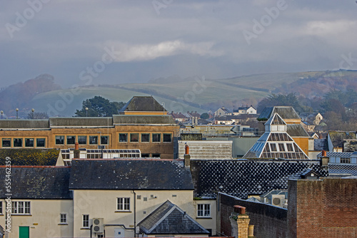 Aerial view of rooftops in the Devon town of Barnstaple after snowfall © allan