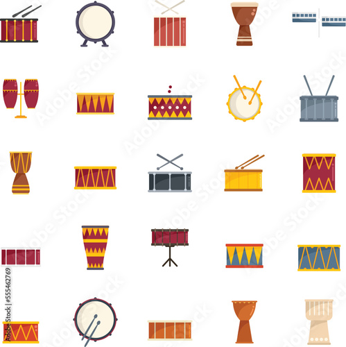 Drum icons set flat vector. Instrument music. Bongo bass isolated