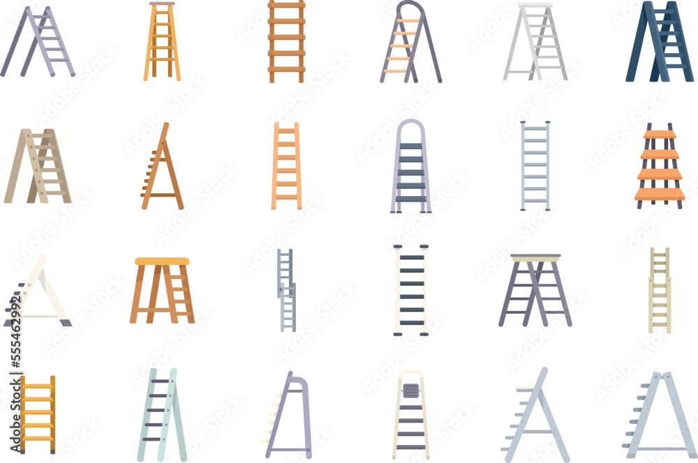Step ladder icons set flat vector. Home metal. Stairway wooden isolated