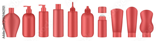 Set of red squeeze bottles and cosmetic tubes. Korean packaging. Lotion or shower gel. Body antiperspirant deodorant roll-on