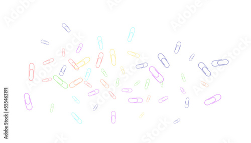 Paper clips are scattered on a white background. Decorative element. Background for design, school and office supplies