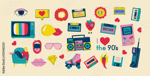 Fashion patch badges with lips, hearts, speech bubbles, audio cassette and other elements. Vector illustration isolated on white background. Set of stickers, pins, patches in cartoon 80s-90s style.