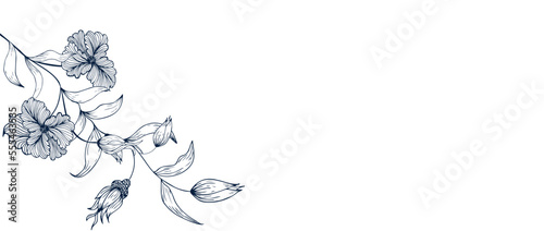 Floral floral background, frame, border, with delicate flowers and branches of buds. Contour hand drawing. Engraving. With space for text