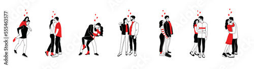 Valentines day concept, icon set of couples in love over white background, colorful minimalistic simple design, vector illustration