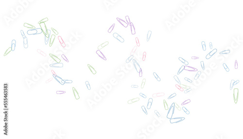 Paper clips are scattered on a white background. Decorative element. Background for design, school and office supplies