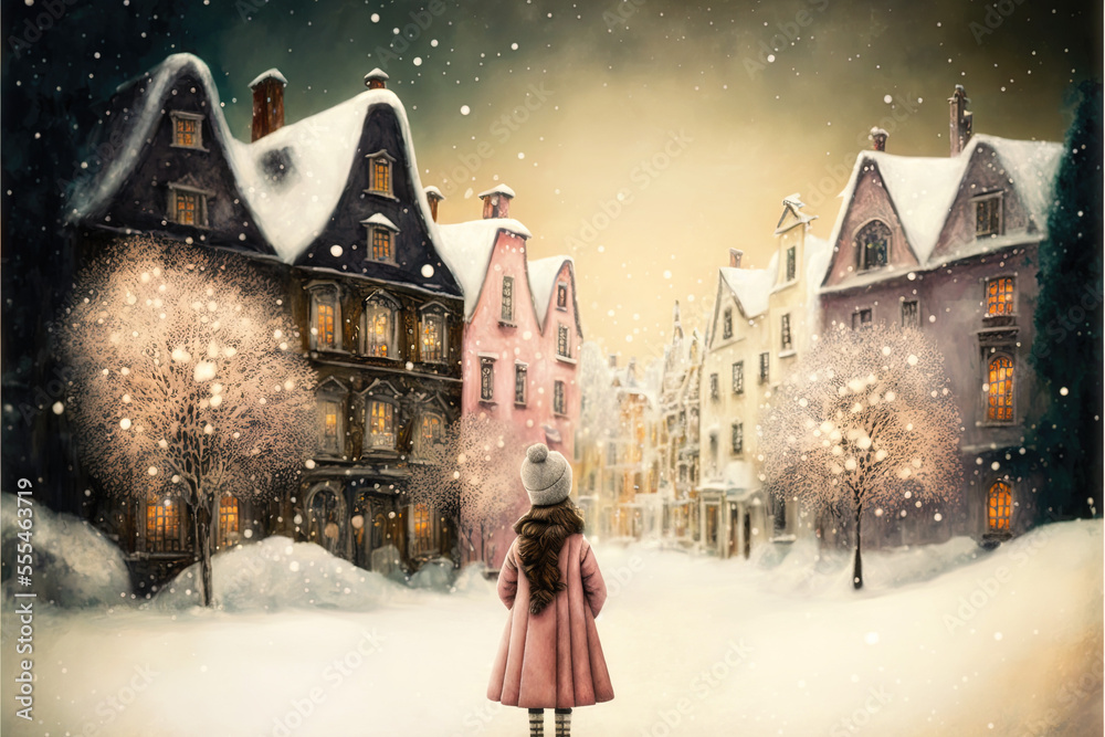 Fototapeta premium A painting of a little girl standing in the snow in front of of a snow covered fantasy city, artistic illustration 