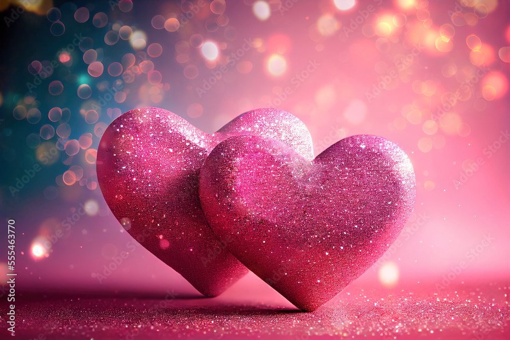 Two hearts on pink glitter background. AI generated Stock Illustration ...