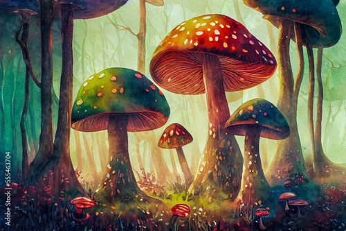 Fantasy fairytale forest with giant mushrooms, generative ai illustration © Dr_Microbe