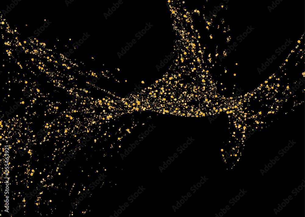 Fototapeta premium Gold glitter confetti on a black background. Shiny particles scattered, sand. Decorative element. Luxury background for your design, cards, invitations, vector
