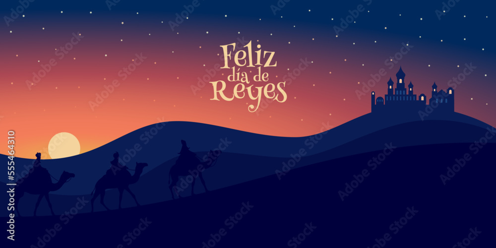 Fototapeta premium Feliz día de reyes. Tres reyes siguiendo la estrella. Reyes magos