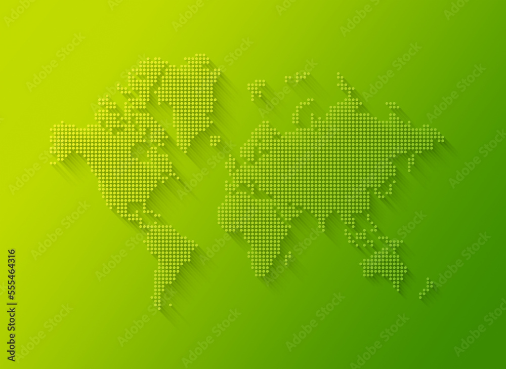 Illustration of a world map made of dots on a green background