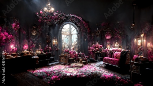 Gothic home with touch of pink flowers. Fantasy place. Generative ai.
