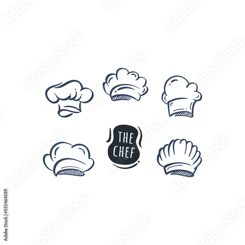 Chef cooking hat doodle icon set collection. Restaurant food logo hand drawing vector illustration