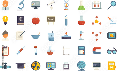 Research scientist icons set flat vector. Lab formula. Medical chemical isolated