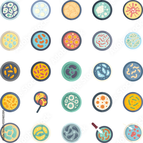 Petri dish icons set flat vector. Bacteria experiment. Dish culture isolated