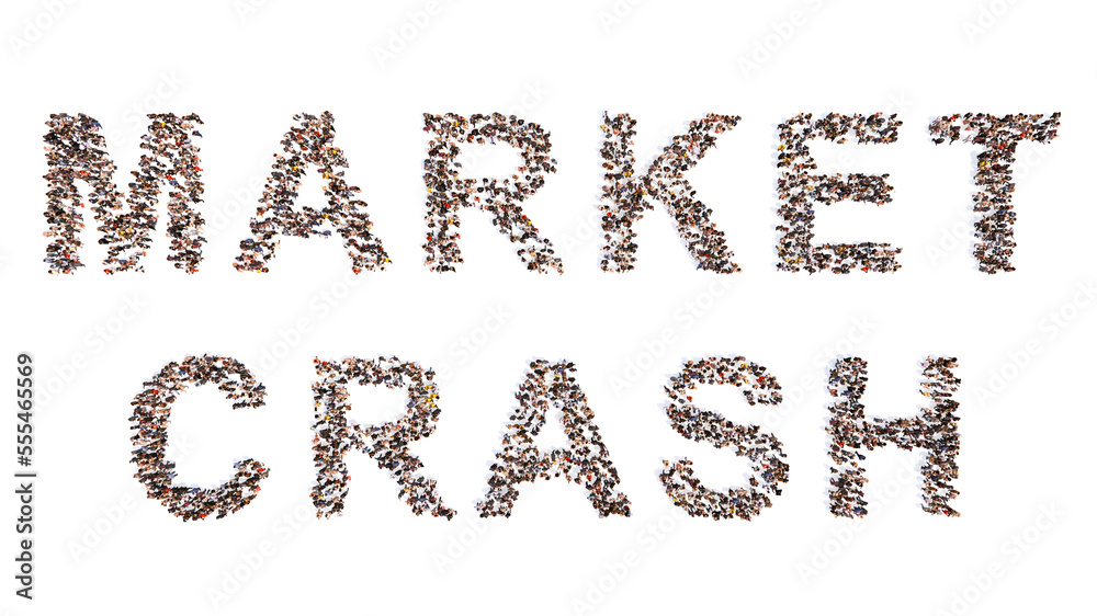 Conceptual large community of people forming MARKET CRASH message. 3d illustration metaphor for financial and investment crisis, stock market decline, bankruptcy and currency depreciation Conceptual large community of people forming MARKET CRASH message. 3d illustration metaphor for financial and investment crisis, stock market decline, bankruptcy and currency depreciation