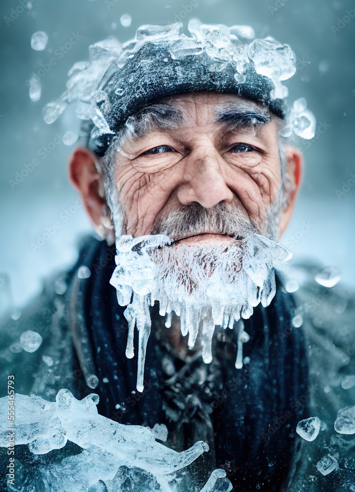 Old man with frozen beard ,AI generative illustration Stock