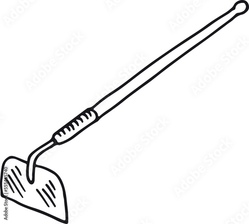 Hoe ink drawing. Farming tool sketch. Gardening icon