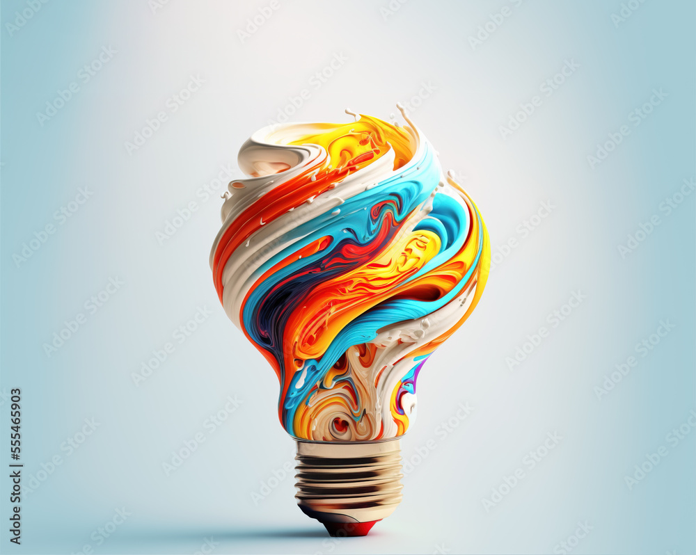 new colorful idea , with lightbulb made out of swirling paint new colorful idea , with lightbulb made out of swirling paint
