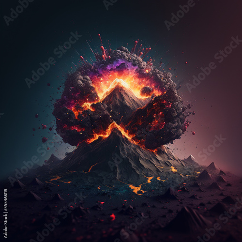 Illustration of burning volcano in the night