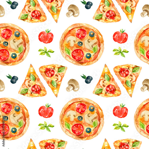 Watercolor seamless pattern of pizza. Hand-drawn illustration isolated on white background