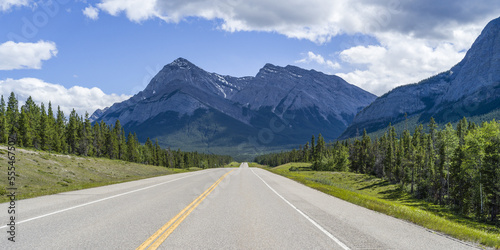 Road through the rugged Canadian Rocky Mountains; Cline River, Alberta, Canada photo