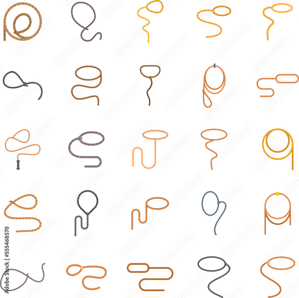 Lasso icons set flat vector. Hand cowboy. Cord knot isolated Stock Vector