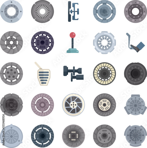Clutch icons set flat vector. Machine engine. Auto parts isolated