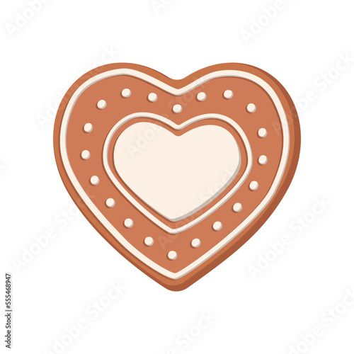 Gingerbread heart cookie. Vector illustration of sweet homemade snack with icing for winter holidays. Cartoon ginger biscuit of heart shape isolated on white background. Christmas, dessert concept