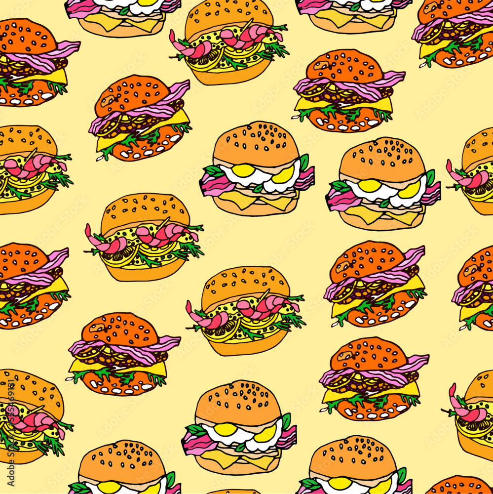 vector hand drawn burgers and snacks patterns, cartoon burgers, colored food, food background, meal, cafe backdrop, shrimps burger, egg, bacon
